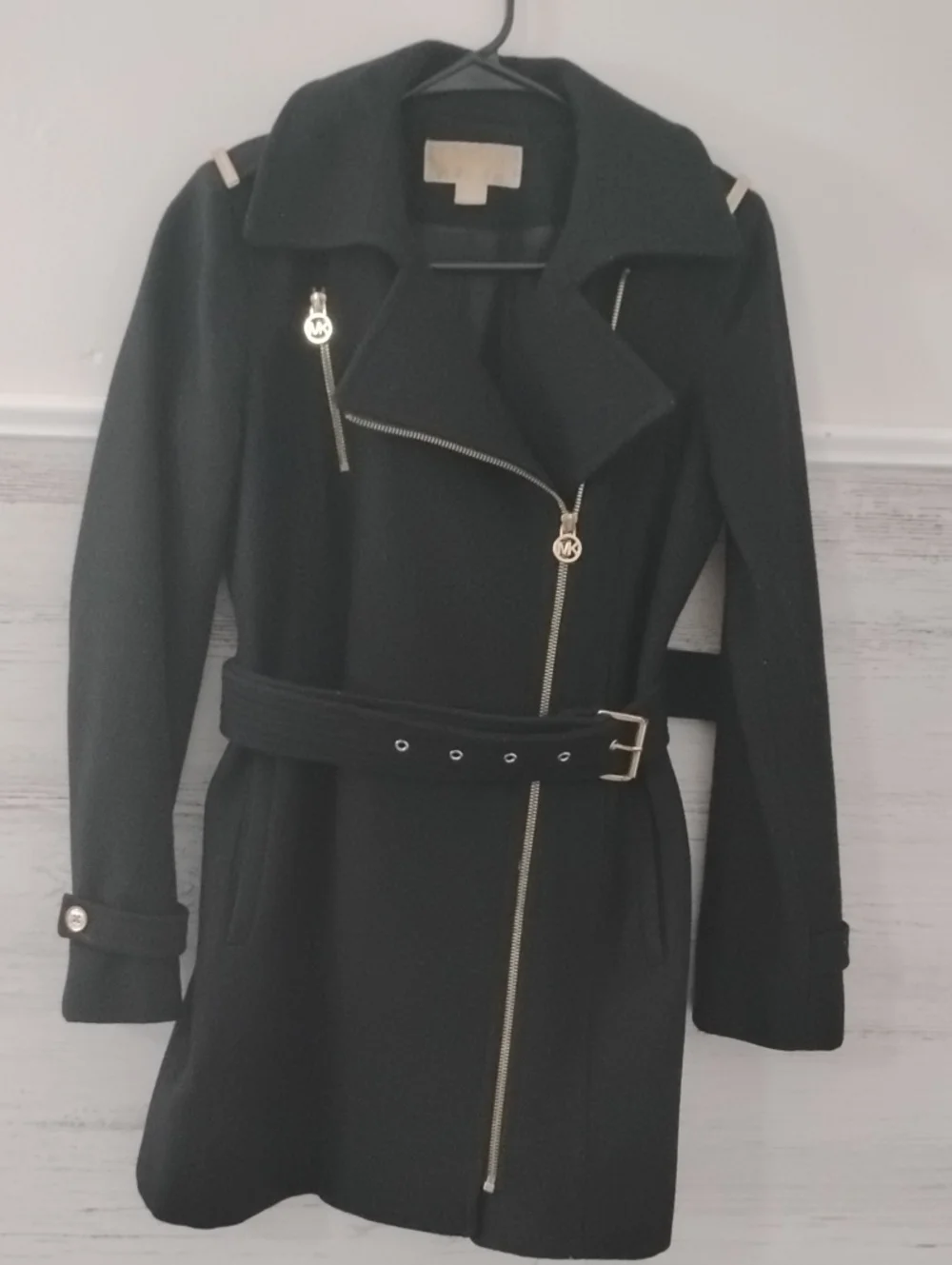 Michael Kors Black Asymmetric Zip Trench Coat with Gold Hardware Size 2P